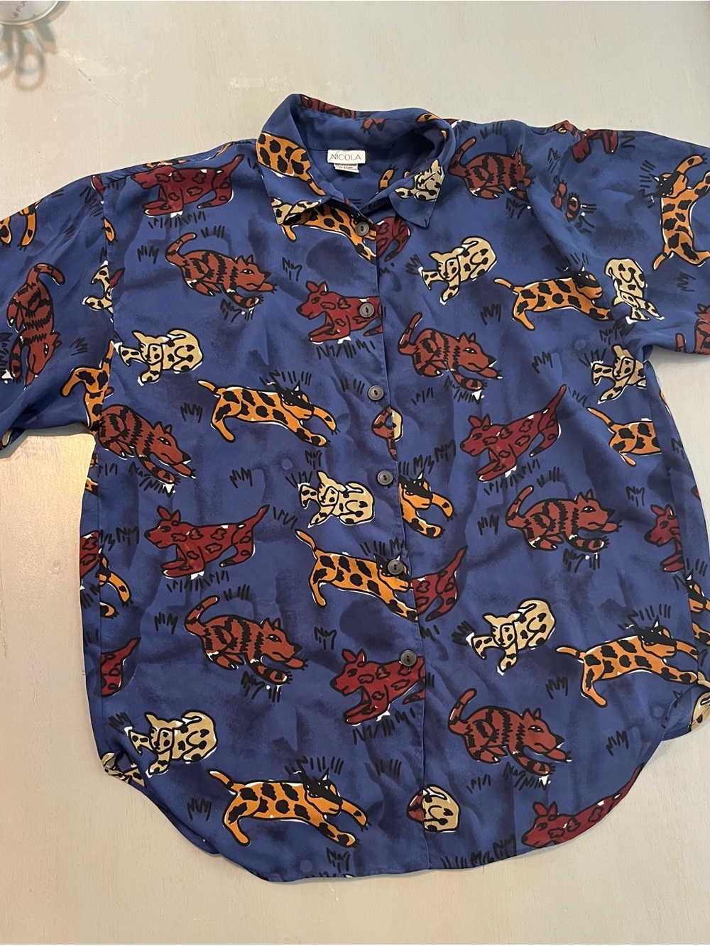 Vintage NICOLA Novelty Cat Dog Print Short Sleeve Button Up Shirt Size M